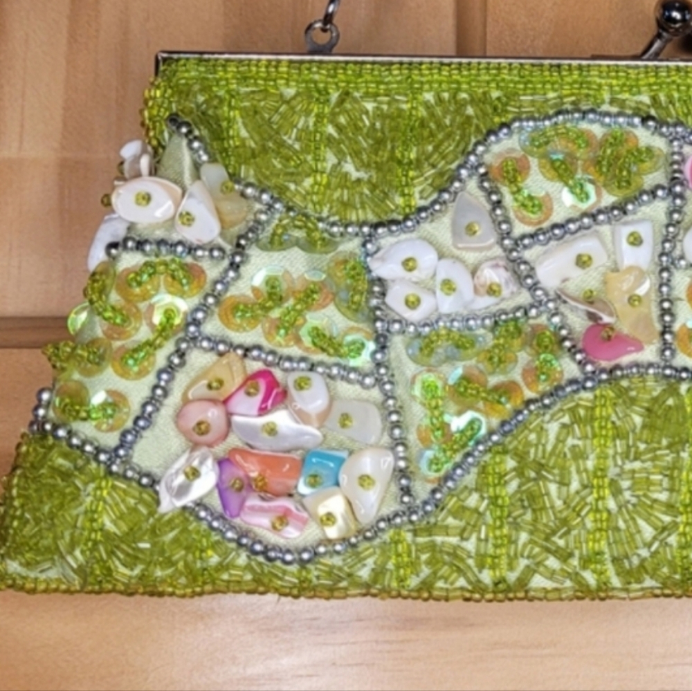 Vintage Beaded Kiss Lock Clutch Bag Green Cottagecore Garden Party Crossbody - Picture 8 of 11